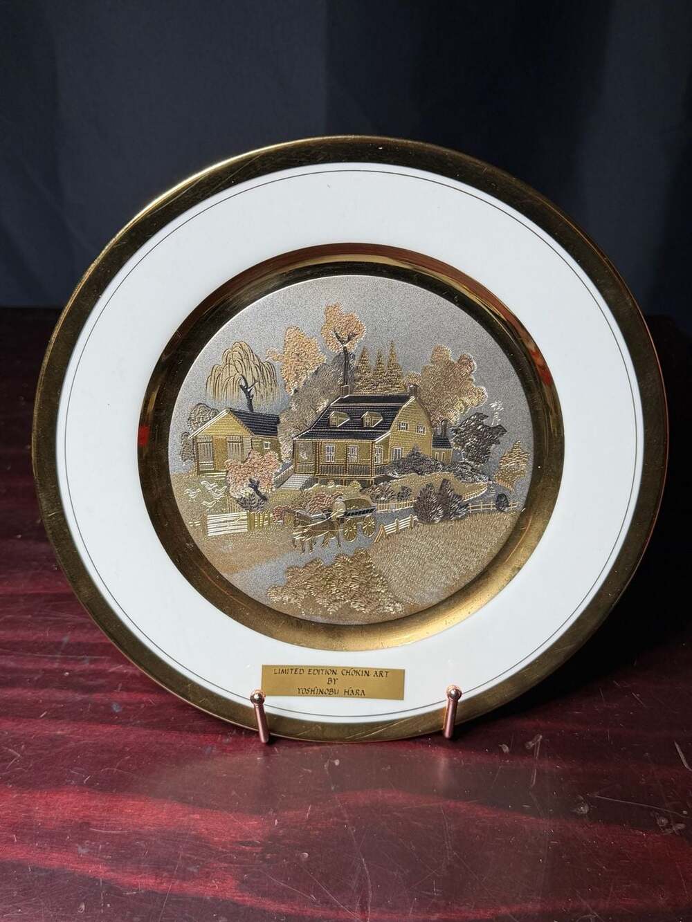 Chokin Art Yoshinobu Hara Plate #5310 24K Gold Trim Village Horse Drawn Carriage